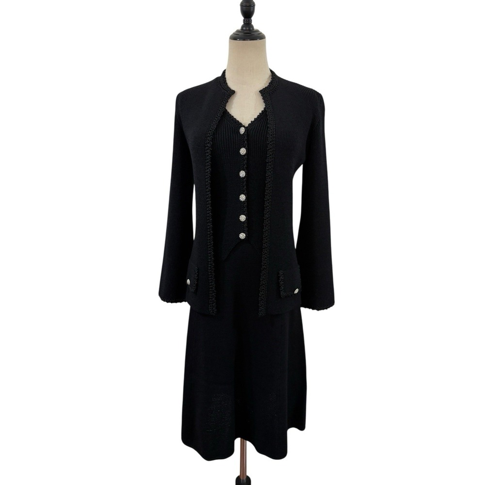 Vtg St John Knits For Lillie Rubin Black 3 Piece Set Rhinestone‎ Buttons Sz S